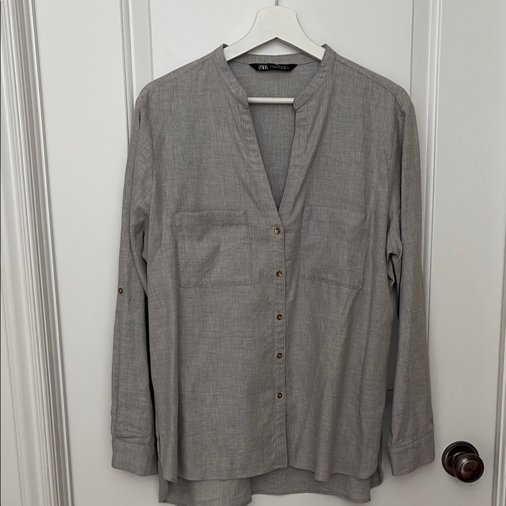 Zara Women Grey Button-Up Shirt with Metallic Buttons